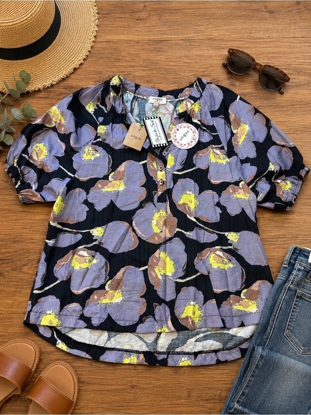 Umgee Floral Blouse Size Small NWT Boho Puff Sleeve Lightweight Top (v1)